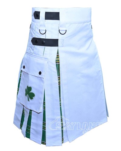 Hybrid Utility Kilts - White Cotton & Irish Heritage Tartan Kilt