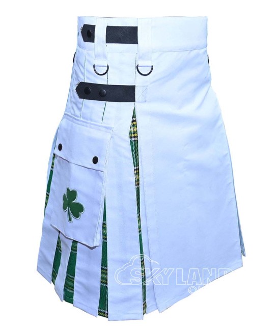 Hybrid Utility Kilts - White Cotton & Irish Heritage Tartan Kilt