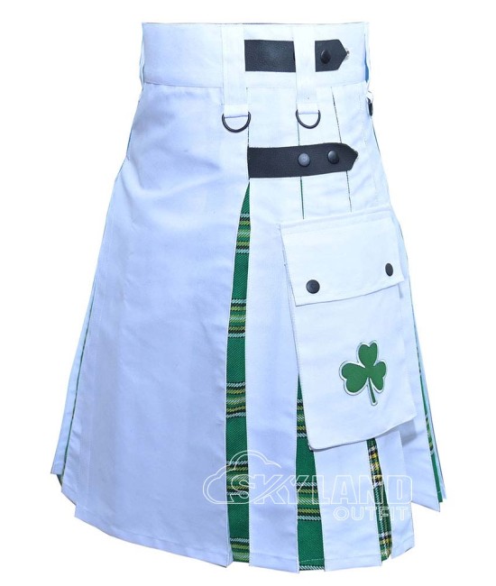 Hybrid Utility Kilts - White Cotton & Irish Heritage Tartan Kilt