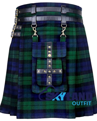 Scottish Black watch tartan modern utility kilt, detachable pocket