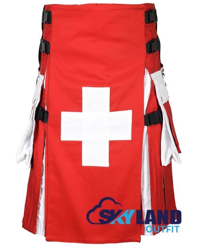 Swiss Flag Utility Kilt – Custom Handmade Cotton Kilt for Men | Patriotic Scottish Kilt