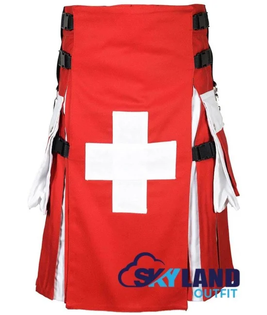 Swiss Flag Utility Kilt – Custom Handmade Cotton Kilt for Men | Patriotic Scottish Kilt Swiss Flag Utility Kilt – Custom Handmade Cotton Kilt for Men | Patriotic Scottish Kilt