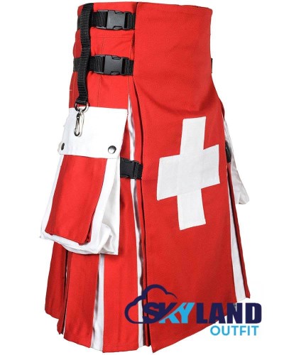 Swiss Flag Utility Kilt – Custom Handmade Cotton Kilt for Men | Patriotic Scottish Kilt Swiss Flag Utility Kilt – Custom Handmade Cotton Kilt for Men | Patriotic Scottish Kilt