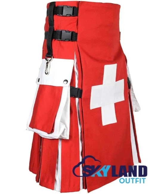 Swiss Flag Utility Kilt – Custom Handmade Cotton Kilt for Men | Patriotic Scottish Kilt Swiss Flag Utility Kilt – Custom Handmade Cotton Kilt for Men | Patriotic Scottish Kilt