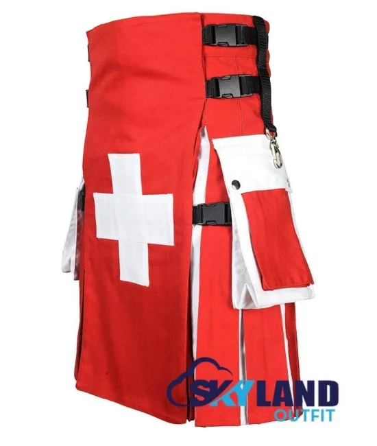 Swiss Flag Utility Kilt – Custom Handmade Cotton Kilt for Men | Patriotic Scottish Kilt Swiss Flag Utility Kilt – Custom Handmade Cotton Kilt for Men | Patriotic Scottish Kilt