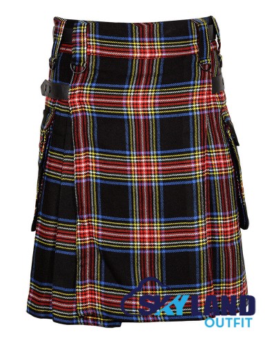 Black Stewart Tartan Scottish Utility Kilt with Cargo Pockets Black Stewart Tartan Scottish Utility Kilt with Cargo Pockets