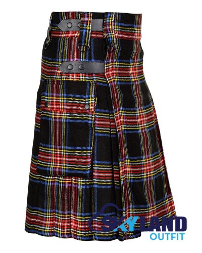 Black Stewart Tartan Scottish Utility Kilt with Cargo Pockets Black Stewart Tartan Scottish Utility Kilt with Cargo Pockets