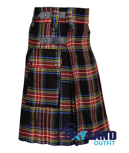 Black Stewart Tartan Scottish Utility Kilt with Cargo Pockets Black Stewart Tartan Scottish Utility Kilt with Cargo Pockets