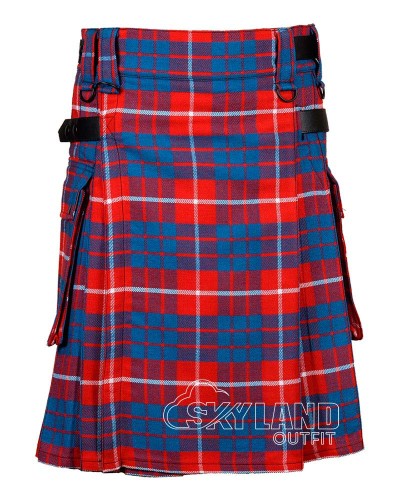 Hamilton Red Modern Tartan Utility Kilt with Leather Straps & Cargo Pockets