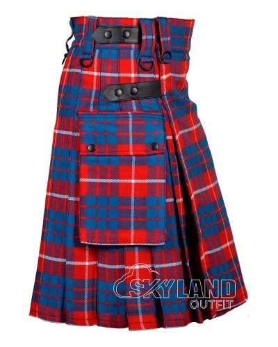 Hamilton Red Modern Tartan Utility Kilt with Leather Straps & Cargo Pockets