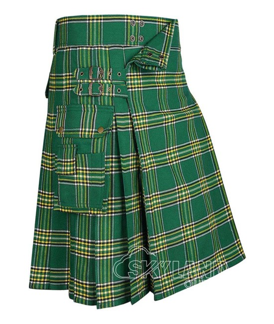 Irish Heritage Tartan Kilt Scottish Utility Kilt with Cargo Pockets Irish Heritage Tartan Kilt Scottish Utility Kilt with Cargo Pockets