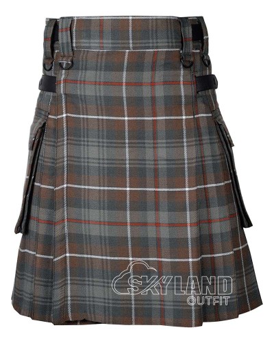 Mackenzie Weathered Tartan Utility Kilt with Leather Straps & Cargo Pockets
