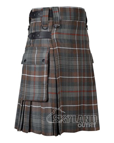 Mackenzie Weathered Tartan Utility Kilt with Leather Straps & Cargo Pockets