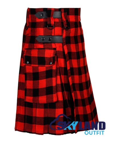Red, Black Rob Roy Tartan Kilt Scottish Utility Kilt with Cargo Pockets Red, Black Rob Roy Tartan Kilt Scottish Utility Kilt with Cargo Pockets