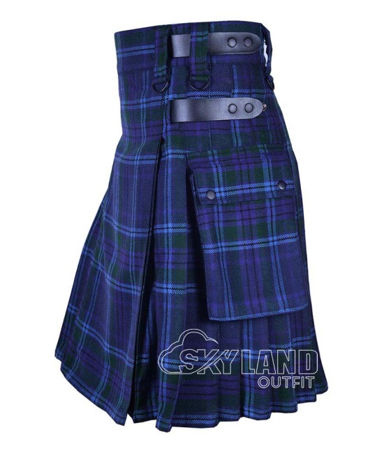 Spirit of Scotland Tartan Utility Kilt with Leather Straps & Cargo Pockets Spirit of Scotland Tartan Utility Kilt with Leather Straps & Cargo Pockets