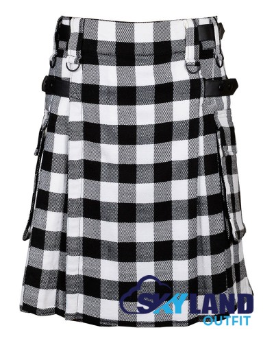 White Black Rob Roy Tartan Kilt Scottish Utility Kilt with Cargo Pockets