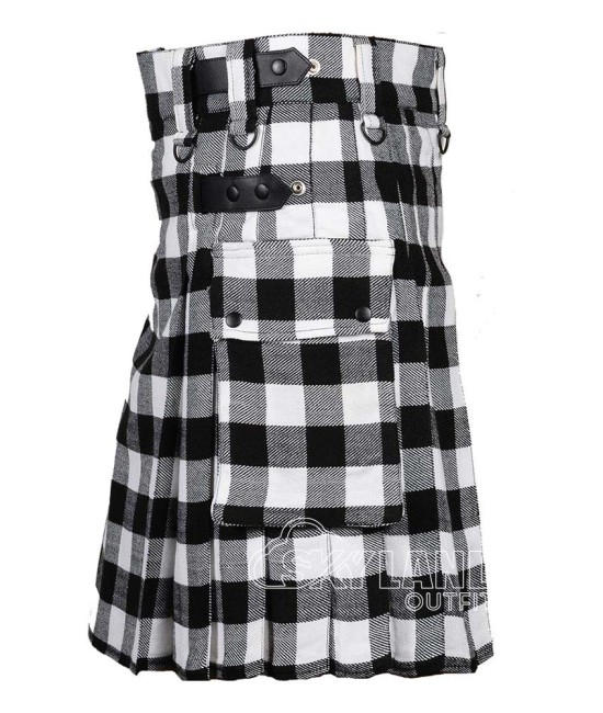 White Black Rob Roy Tartan Kilt Scottish Utility Kilt with Cargo Pockets