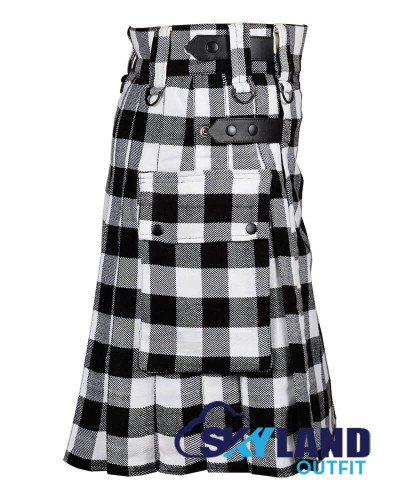 White Black Rob Roy Tartan Kilt Scottish Utility Kilt with Cargo Pockets White Black Rob Roy Tartan Kilt Scottish Utility Kilt with Cargo Pockets