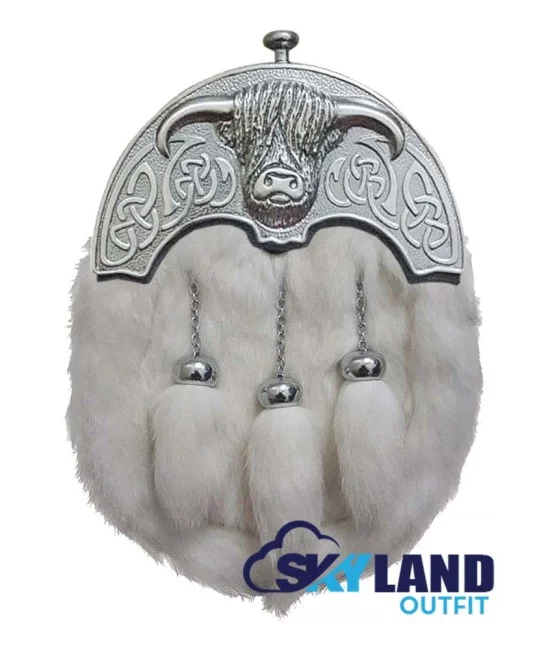 Highlander Full Dress Kilt Sporran – Cowhead Design, Silver Cantle & Cowhide Leather
