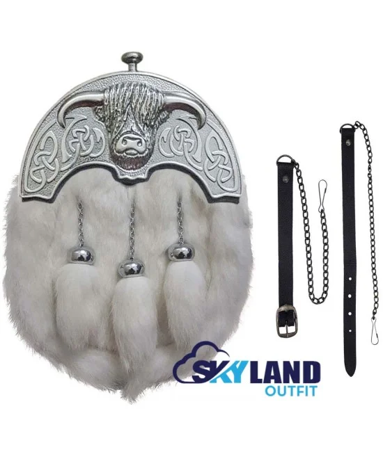 Highlander Full Dress Kilt Sporran – Cowhead Design, Silver Cantle & Cowhide Leather