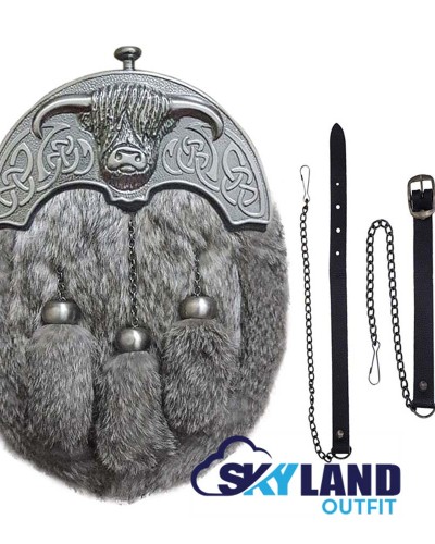 Highlander Full Dress Kilt Sporran – Cowhead Design with Silver Cantle & Cowhide Leather Highlander Full Dress Kilt Sporran – Cowhead Design with Silver Cantle & Cowhide Leather