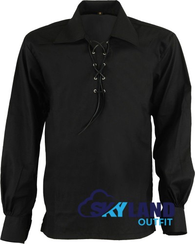 Jacobite ghillie kilt shirt black cotton Jacobean full sleeve shirt Jacobite ghillie kilt shirt black cotton Jacobean full sleeve shirt