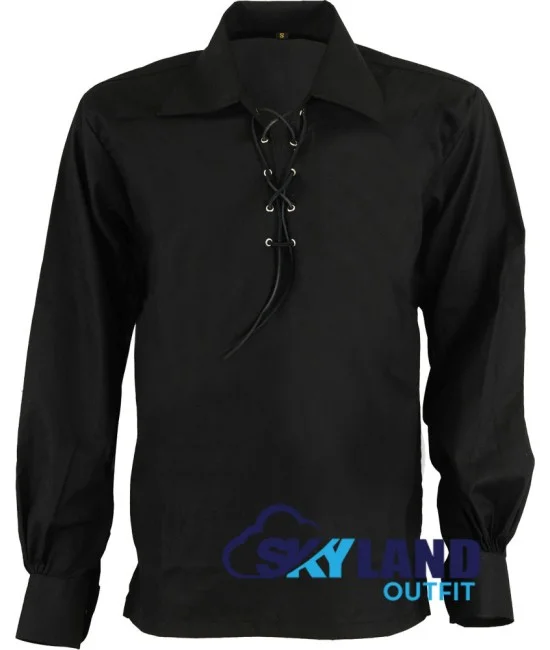 Jacobite ghillie kilt shirt black cotton Jacobean full sleeve shirt