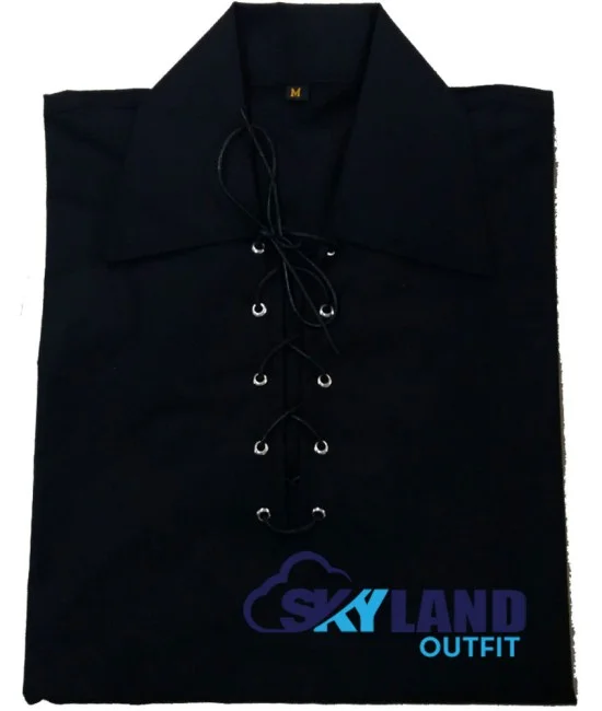 Jacobite ghillie kilt shirt black cotton Jacobean full sleeve shirt