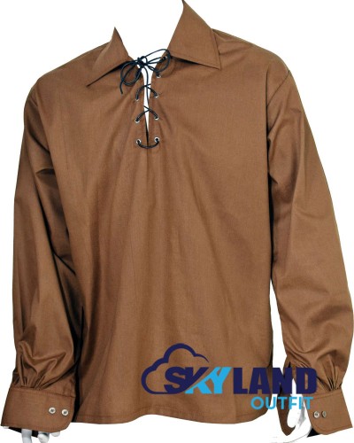 Jacobite ghillie kilt shirt brown cotton Jacobean full sleeve shirt Jacobite ghillie kilt shirt brown cotton Jacobean full sleeve shirt