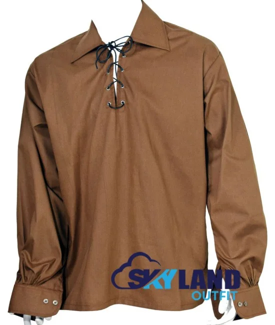 Jacobite ghillie kilt shirt brown cotton Jacobean full sleeve shirt Jacobite ghillie kilt shirt brown cotton Jacobean full sleeve shirt