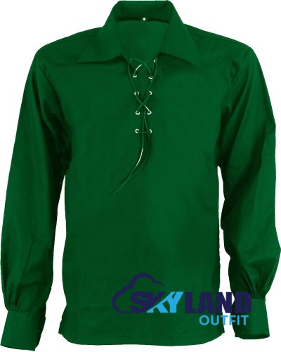 Jacobite ghillie kilt shirt green cotton Jacobean full sleeve shirt Jacobite ghillie kilt shirt green cotton Jacobean full sleeve shirt
