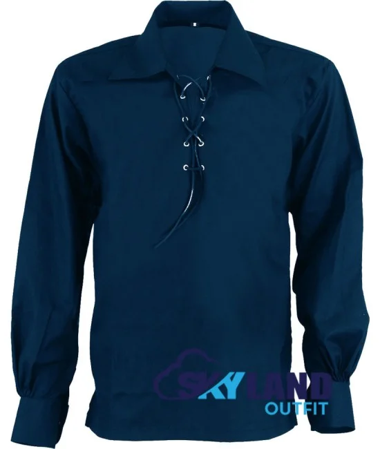 Jacobite ghillie kilt shirt navy blue cotton Jacobean full sleeve shirt Jacobite ghillie kilt shirt navy blue cotton Jacobean full sleeve shirt