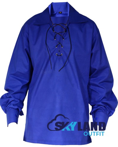 Jacobite ghillie kilt shirt royal blue cotton Jacobean full sleeve shirt