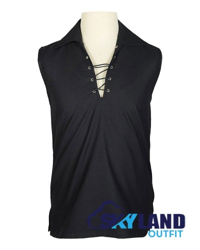 Jacobite Ghillie Kilt Shirt Black Cotton Jacobean Sleeveless Shirt