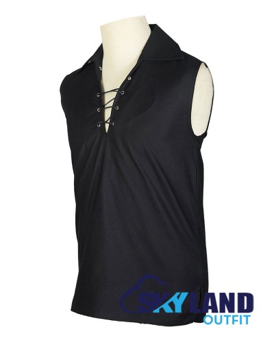 Jacobite Ghillie Kilt Shirt Black Cotton Jacobean Sleeveless Shirt