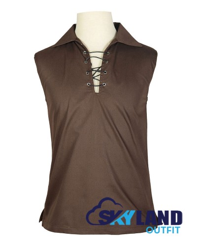 Jacobite Ghillie Kilt Shirt Brown Cotton Jacobean Sleeveless Shirt