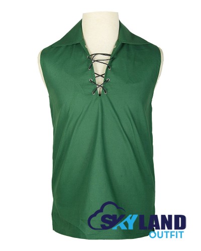 Jacobite Ghillie Kilt Shirt Green Cotton Jacobean Sleeveless Shirt