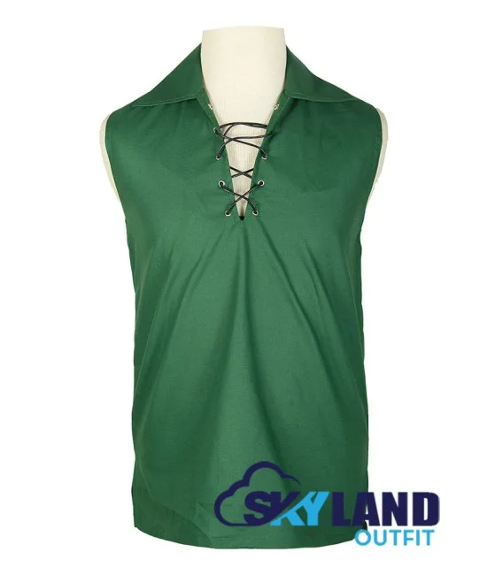 Jacobite Ghillie Kilt Shirt Green Cotton Jacobean Sleeveless Shirt Jacobite Ghillie Kilt Shirt Green Cotton Jacobean Sleeveless Shirt