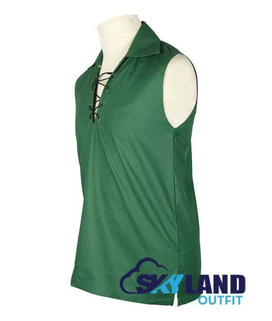 Jacobite Ghillie Kilt Shirt Green Cotton Jacobean Sleeveless Shirt Jacobite Ghillie Kilt Shirt Green Cotton Jacobean Sleeveless Shirt