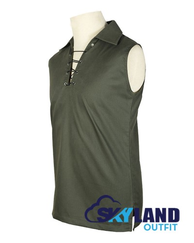Jacobite Ghillie Kilt Shirt Olive Green Cotton Jacobean Sleeveless Shirt