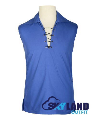 Jacobite Ghillie Kilt Shirt Royal Blue Cotton Jacobean Sleeveless Shirt