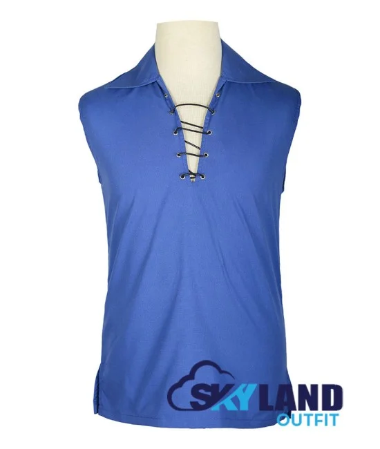 Jacobite Ghillie Kilt Shirt Royal Blue Cotton Jacobean Sleeveless Shirt Jacobite Ghillie Kilt Shirt Royal Blue Cotton Jacobean Sleeveless Shirt