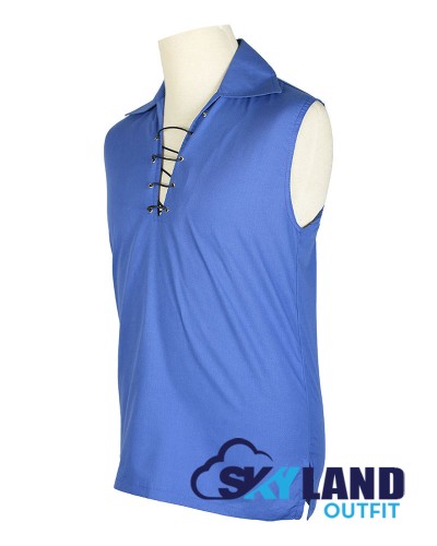 Jacobite Ghillie Kilt Shirt Royal Blue Cotton Jacobean Sleeveless Shirt