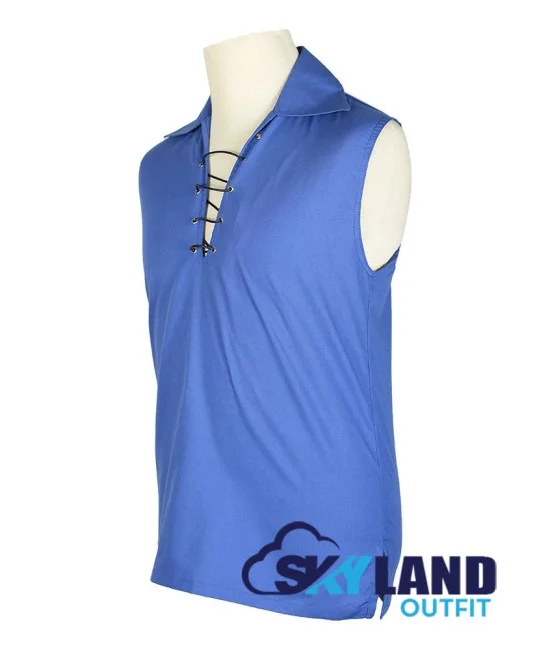 Jacobite Ghillie Kilt Shirt Royal Blue Cotton Jacobean Sleeveless Shirt Jacobite Ghillie Kilt Shirt Royal Blue Cotton Jacobean Sleeveless Shirt