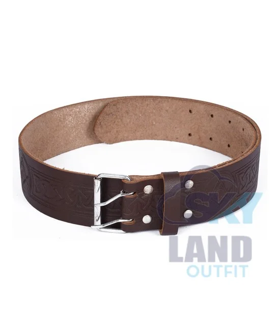 Brown Leather Scottish Kilt Belt | Masonic Embossed Belts
