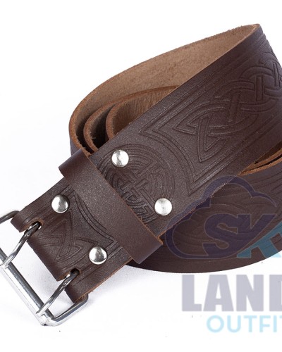 Medieval Knot Embossed Brown Leather Double Prong Kilt Belt Medieval Knot Embossed Brown Leather Double Prong Kilt Belt