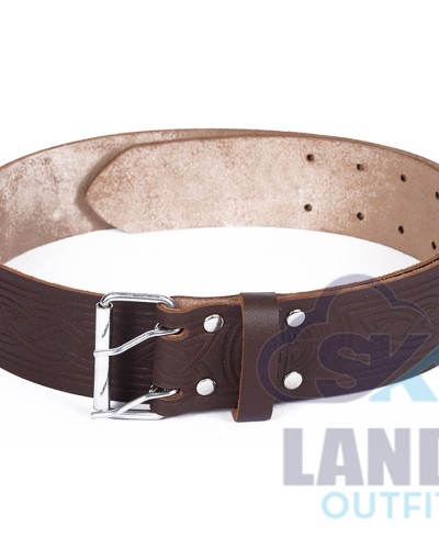 Medieval Knot Embossed Brown Leather Double Prong Kilt Belt Medieval Knot Embossed Brown Leather Double Prong Kilt Belt