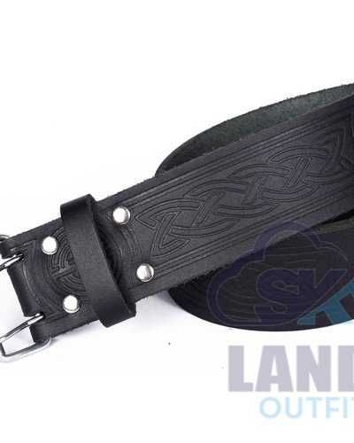 Medieval Knot Embossed Black Leather Double Prong Kilt Belt Medieval Knot Embossed Black Leather Double Prong Kilt Belt