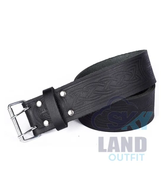 Medieval Knot Embossed Black Leather Double Prong Kilt Belt Medieval Knot Embossed Black Leather Double Prong Kilt Belt