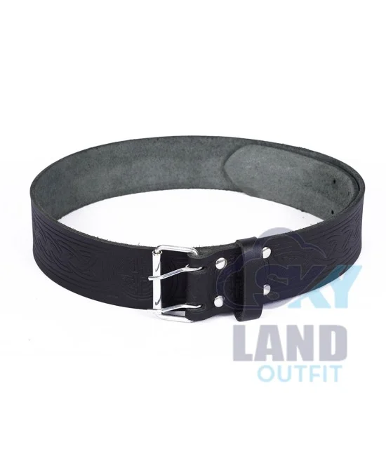 Medieval Knot Embossed Black Leather Double Prong Kilt Belt Medieval Knot Embossed Black Leather Double Prong Kilt Belt